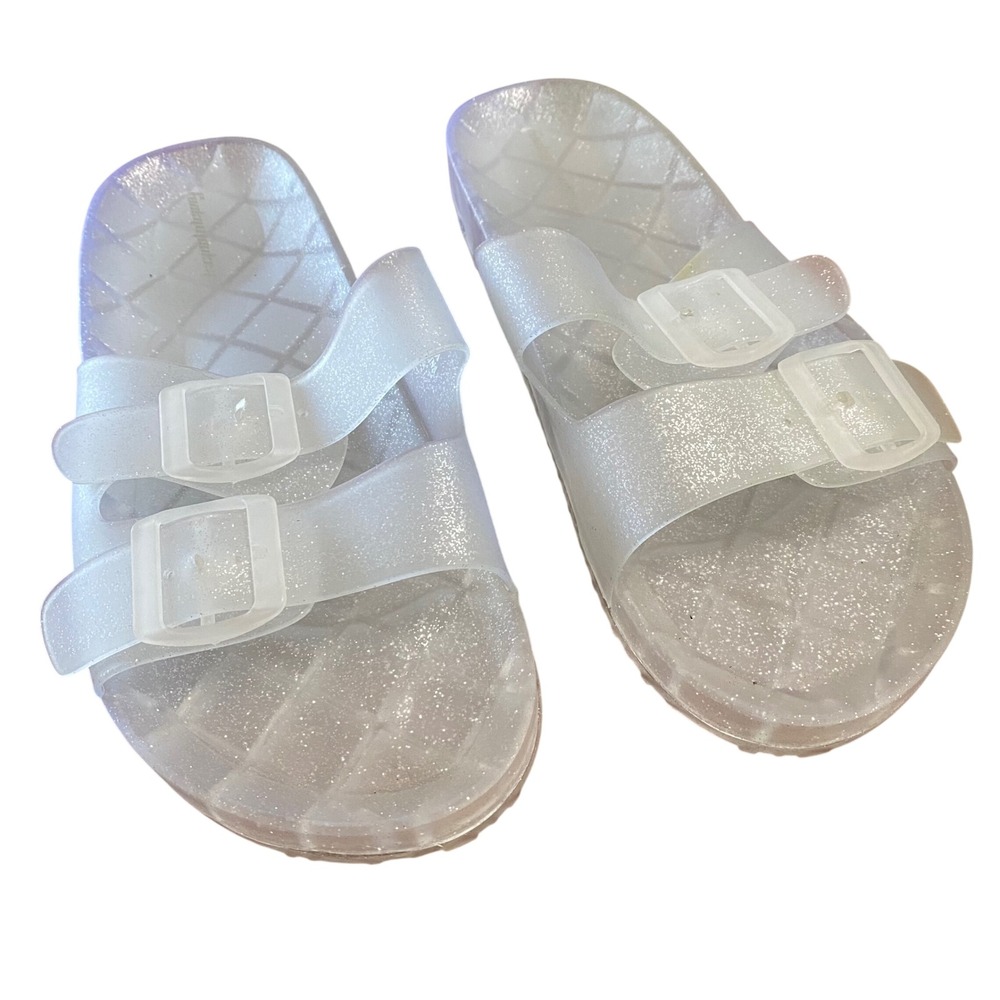 Funkymonkey Clear White Glitter Jelly Slides Sandals Size 10 Double Strap Buckle